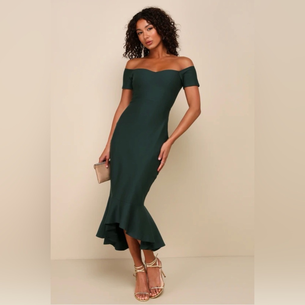 Lulu's Dark Green Off-Shoulder Midi Dress